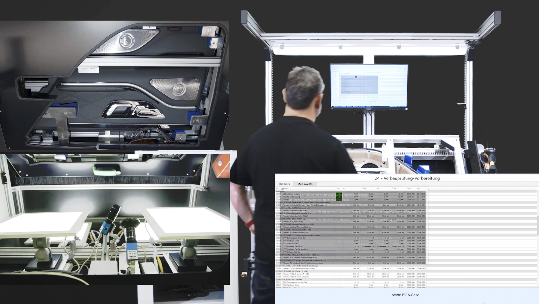 Zero-defects manufacturing: Composite image showing a door panel inspection test bench. GigE industrial cameras (seen here in bottom left of image) deliver numerous images that are processed within a half second to determine product conformity. (Image courtesy of ITgroup.)