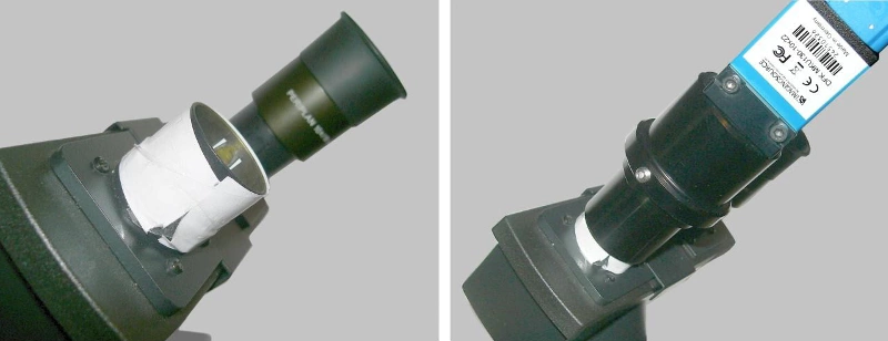 Abb. 3. Verwendung an einem Tubus für Okulare mit kleinem Standard-Durchmesser (23,2 mm), Ummantelung des Okularstutzens mit Papiermanschette (links), Aufsetzen des KameraTubus auf den Okularstutzen bei Verwendung des originalen Mikroskop-Okulars (im Hintergrund gezeigt, rechts).