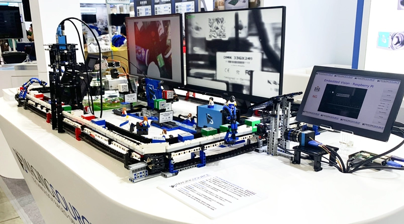 Lego toy factory: Typical machine vision tasks live - barcode reading, color identification, pattern matching, and metrology