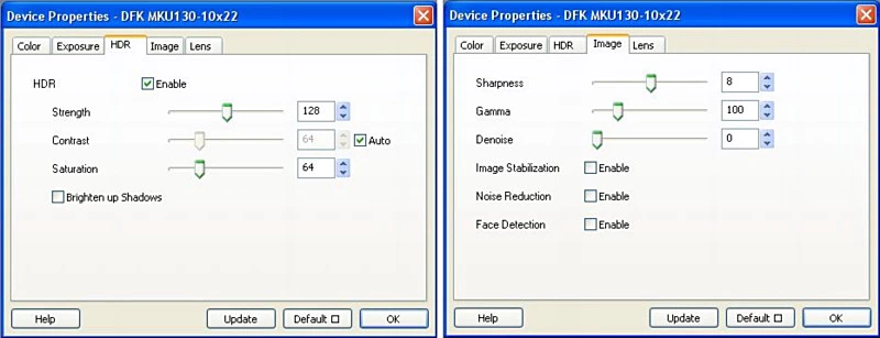 Abb. 5: Kontroll-Fenster zur Aktivierung und Deaktivierung von HDR (links), Rauschunterdrückung und Bildstabilisation (rechts).