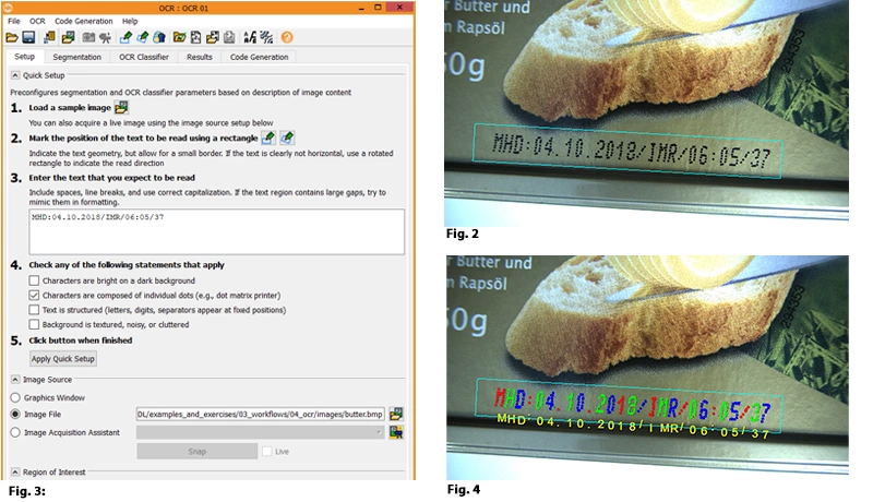 Fig. 2 (top, right): Region of interest for OCR on butter packaging. Fig. 3 (left): OCR assistant quick setup for butter wrapper. Fig. 4 (bottom, right): Results of quick setup.
