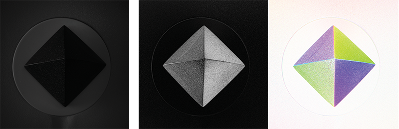 Intensitätsbild einer schwarzen Granitpyramide zeigt einen geringen Kontrast (links). Die DoLP-Verarbeitung der Polarisationsdaten (mitte) sorgt für Kontrast; die AoLP-Verarbeitung der Polarisationsdaten mit HSV-Farbabbildung (rechts) der DZK 33UX250 ergänzt zusätzliche Bildinformationen, die für eine effektive Segmentierung verwendet werden können.