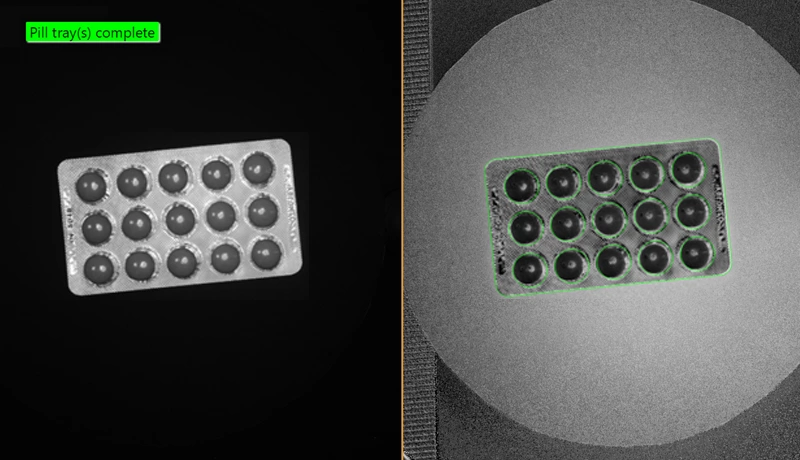 Industrial Cameras Featuring Polarsens™ Sensors with HALCON image processing: tablet presence detection indicating product completeness.