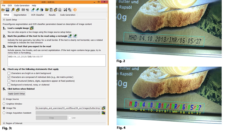 Fig. 2 (top, right): Region of interest for OCR on butter packaging. Fig. 3 (left): OCR assistant Quick Setup for butter wrapper. Fig. 4 (bottom, right): Results of Quick Setup.