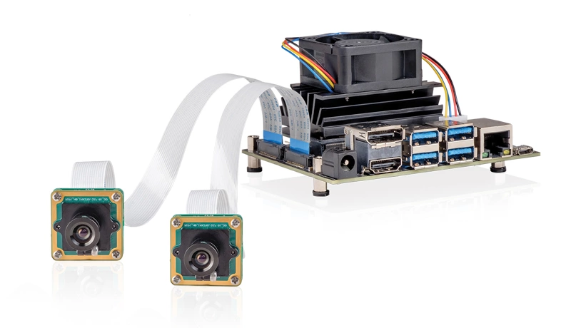 兩台相機開發套件，搭配NVIDIA Jetson Nano (MIPI CSI-2介面)並增配自動冷卻功能防止過熱降頻。