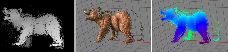 Visualization of the disparity estimate and the final point cloud using an SDK from The Imaging Source. Left: disparity map relative to the reference image. Middle: 3D view of the texturized point cloud. Right: color-coded point cloud which shows distance from the camera.