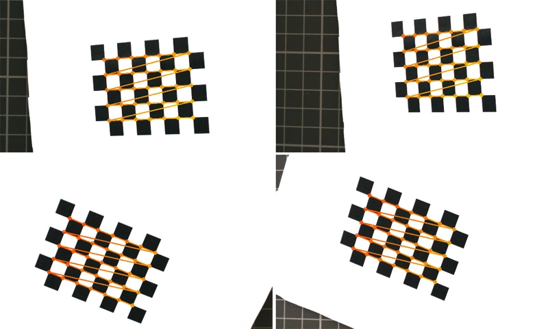 Example detection results from a calibration pattern in various positions and directions. Via the detected control points from the calibration pattern, the camera's internal and external parameters can be determined.