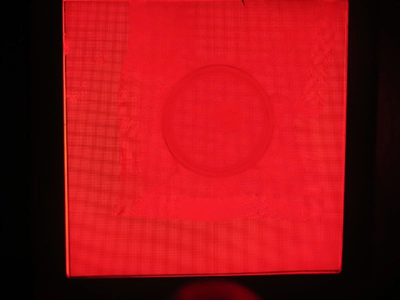 圖 3：紅色的LED光線將會通過往將通過0.25mm 方格網組成的鋼絲網，投射方格陰影在檢測樣品上，以便清楚辨識塑料薄膜包裝內的透明物質。