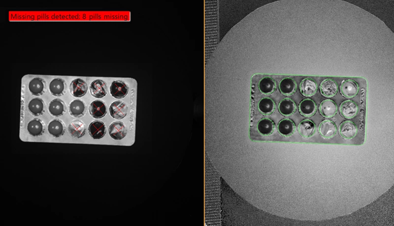 Industrial Cameras Featuring Polarsens™ Sensors with HALCON image processing: presence detection showing eight missing tablets.