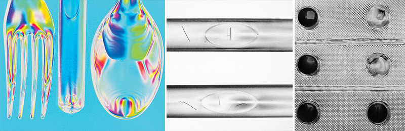 Images from DZK 33UX250: (Left) Using AoLP processing of the polarization data and HSV color mapping to show residual stress in plastic. Images using DoLP processing of the polarization data to reduce glare and improve contrast for defect and presence inspection.